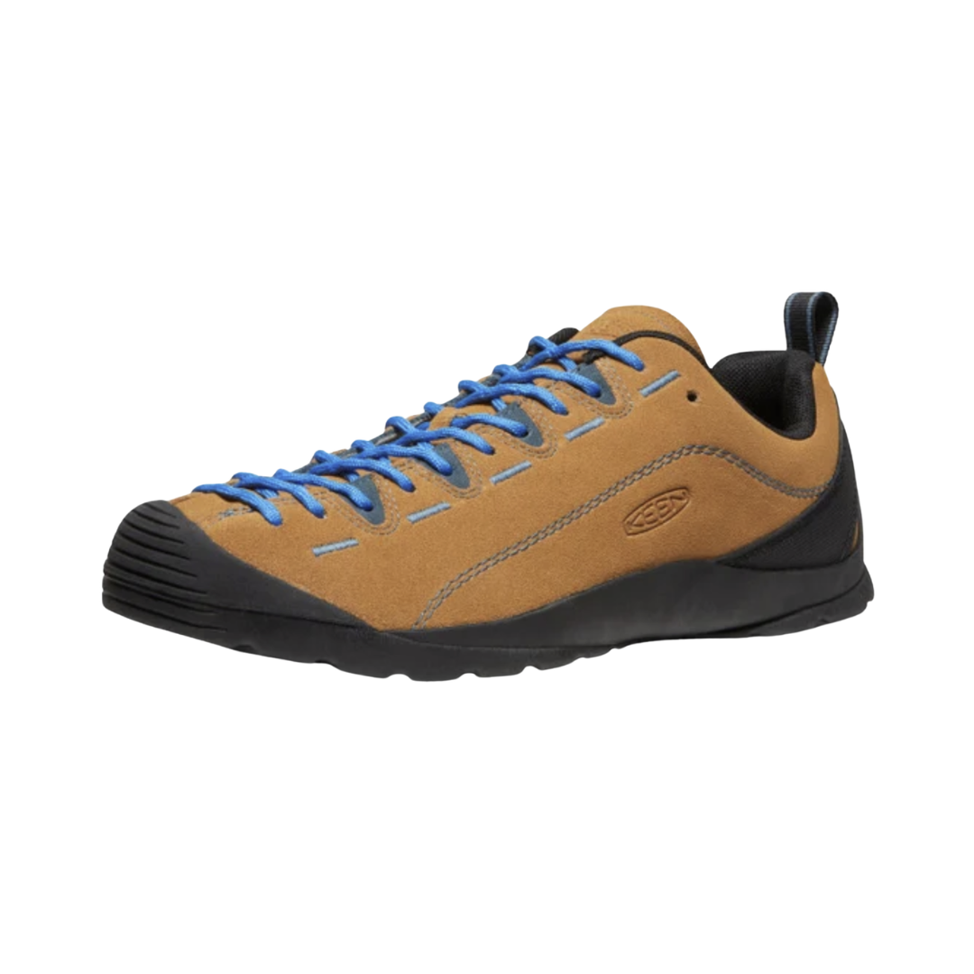 KEEN Men's Jasper Suede Sneaker in Cathay Spice/Orion Blue featuring a premium suede upper, extended lacing system, cushioned midsole, anatomical fit, and low-profile rubber outsole for versatile everyday wear.