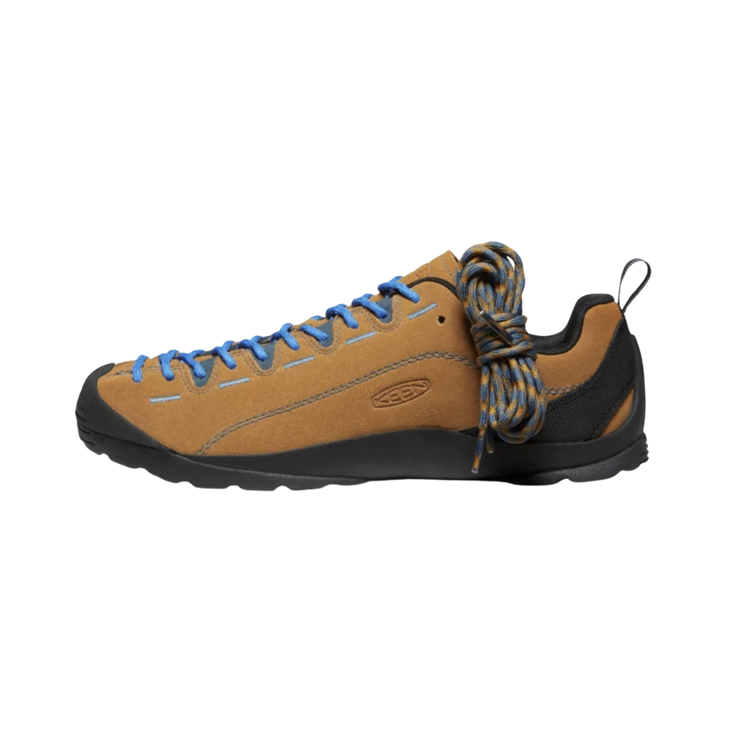 KEEN Men's Jasper Suede Sneaker in Cathay Spice/Orion Blue featuring a premium suede upper, extended lacing system, cushioned midsole, anatomical fit, and low-profile rubber outsole for versatile everyday wear.