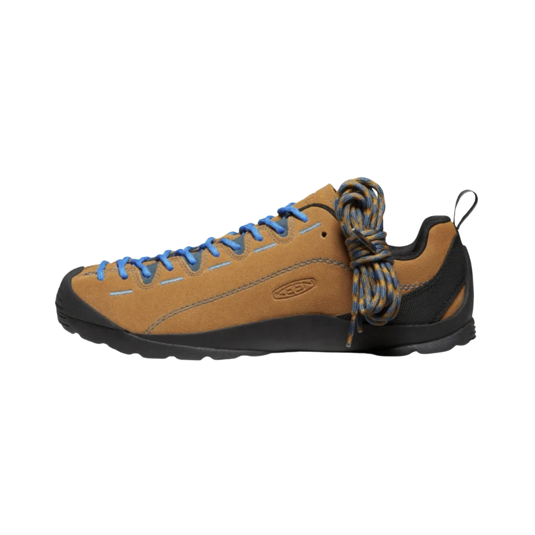 KEEN Men's Jasper Suede Sneaker in Cathay Spice/Orion Blue featuring a premium suede upper, extended lacing system, cushioned midsole, anatomical fit, and low-profile rubber outsole for versatile everyday wear.
