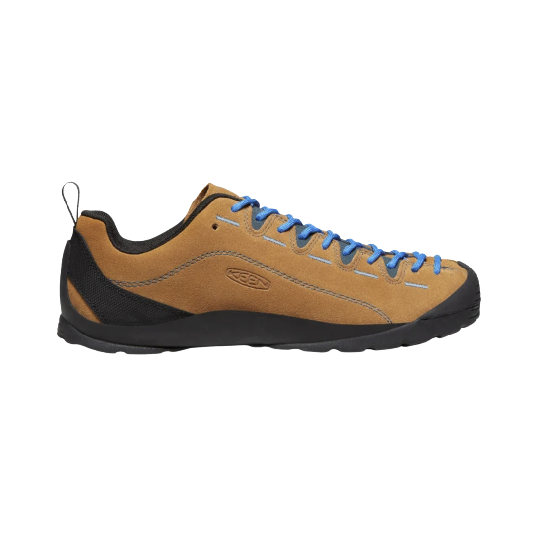KEEN Men's Jasper Suede Sneaker in Cathay Spice/Orion Blue featuring a premium suede upper, extended lacing system, cushioned midsole, anatomical fit, and low-profile rubber outsole for versatile everyday wear.