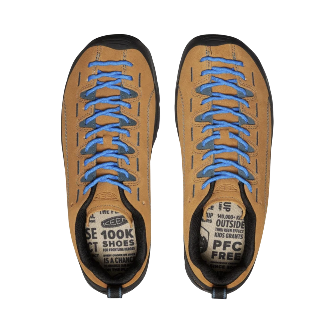 Top view of the KEEN Men's Jasper Suede Sneaker in Cathay Spice/Orion Blue displaying the premium suede upper, extended lacing, anatomical foot shape, and removable dual-density footbed designed to accommodate custom or over-the-counter orthotics.