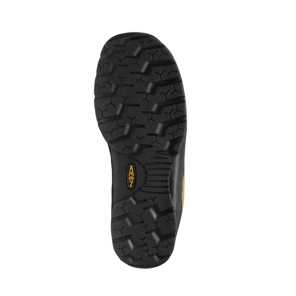 Bottom view of the KEEN Men's Jasper Suede Sneaker in Cathay Spice/Orion Blue highlighting the low-profile rubber outsole and flexible traction pattern designed for urban walks, travel, and light trails.