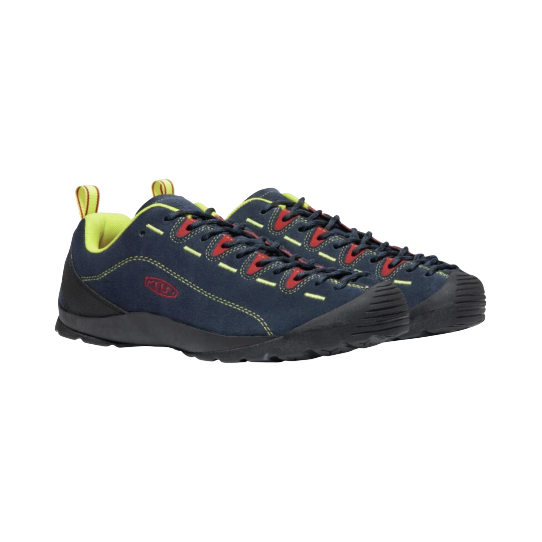 KEEN Men's Jasper in Black Iris/Red Carpet featuring a durable suede upper, extended climbing-style lacing, cushioned EVA midsole, low-profile rubber outsole, and outdoor-inspired construction for everyday wear and travel.