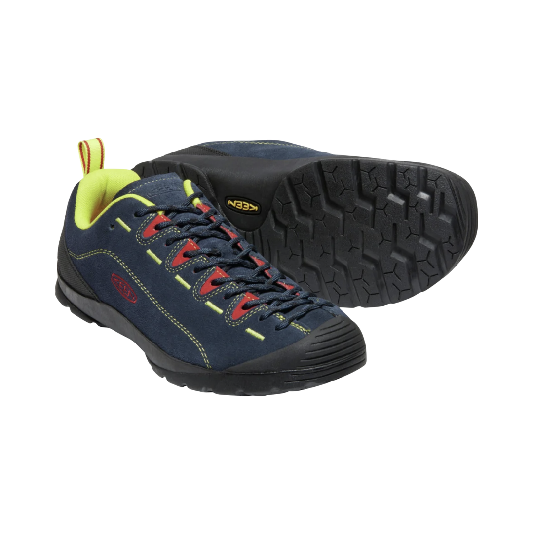 KEEN Men's Jasper in Black Iris/Red Carpet featuring a durable suede upper, extended climbing-style lacing, cushioned EVA midsole, low-profile rubber outsole, and outdoor-inspired construction for everyday wear and travel.