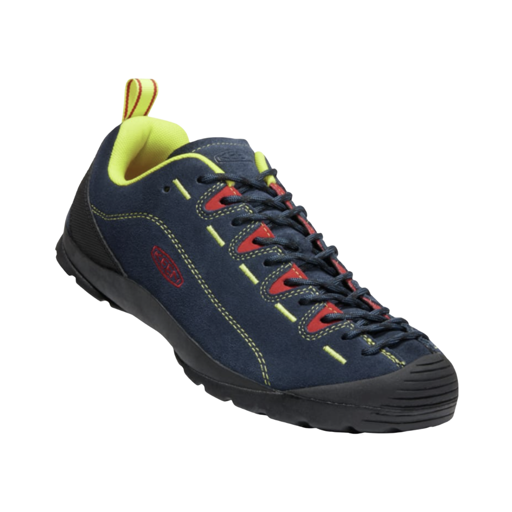 KEEN Men's Jasper in Black Iris/Red Carpet featuring a durable suede upper, extended climbing-style lacing, cushioned EVA midsole, low-profile rubber outsole, and outdoor-inspired construction for everyday wear and travel.