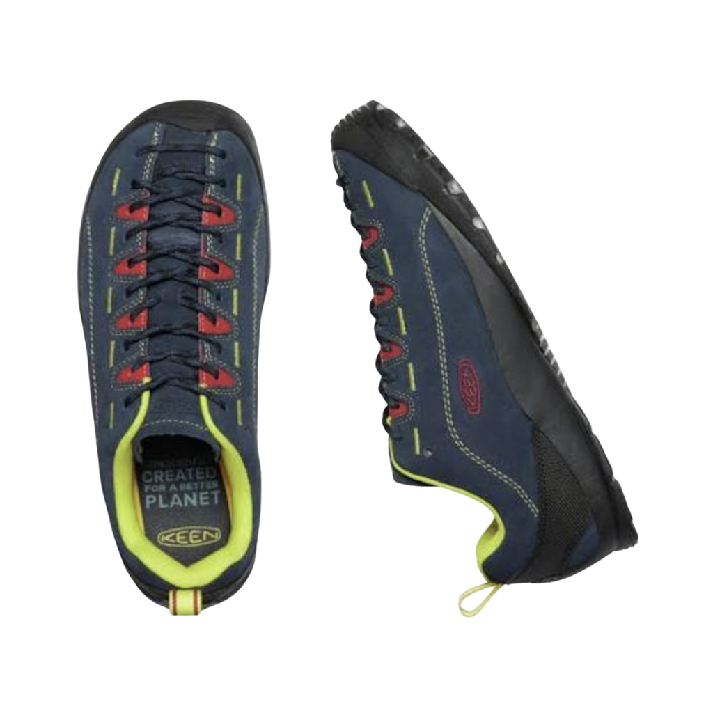 Top view of the KEEN Men's Jasper in Black Iris/Red Carpet displaying the soft suede upper, extended climbing-style lacing, foot-hugging anatomical shape, and removable dual-density footbed designed for orthotic compatibility.