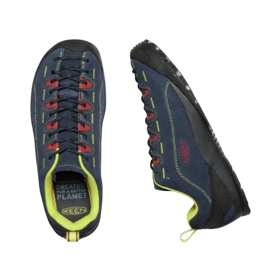 Top view of the KEEN Men's Jasper in Black Iris/Red Carpet displaying the soft suede upper, extended climbing-style lacing, foot-hugging anatomical shape, and removable dual-density footbed designed for orthotic compatibility.