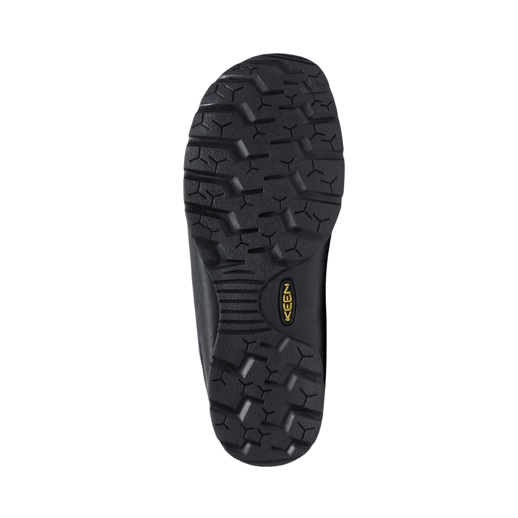 Bottom view of the KEEN Men's Jasper in Black Iris/Red Carpet highlighting the low-profile rubber outsole and traction pattern designed for reliable grip during everyday walks, travel, urban adventures, and light trails.