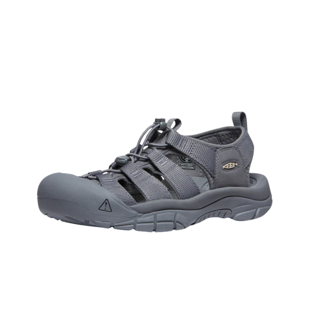 Side view of the Men’s Keen Newport H2 in Monochrome/Steel, highlighting the secure-fit lace-capture system, washable polyester webbing upper, and signature Keen toe protection.