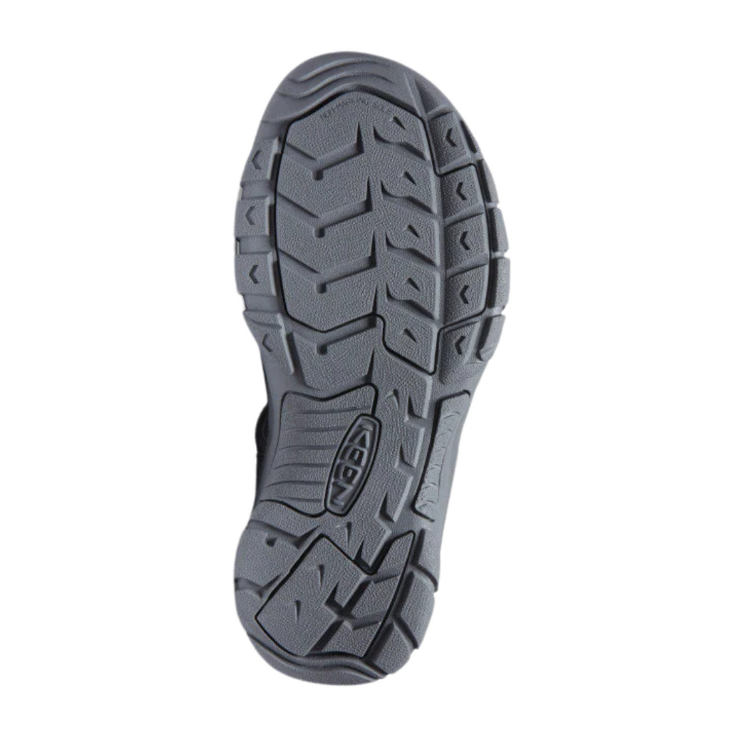 Bottom view of the Men’s Keen Newport H2 in Monochrome/Steel, showcasing the non-marking rubber outsole with razor siping for superior wet and dry traction.