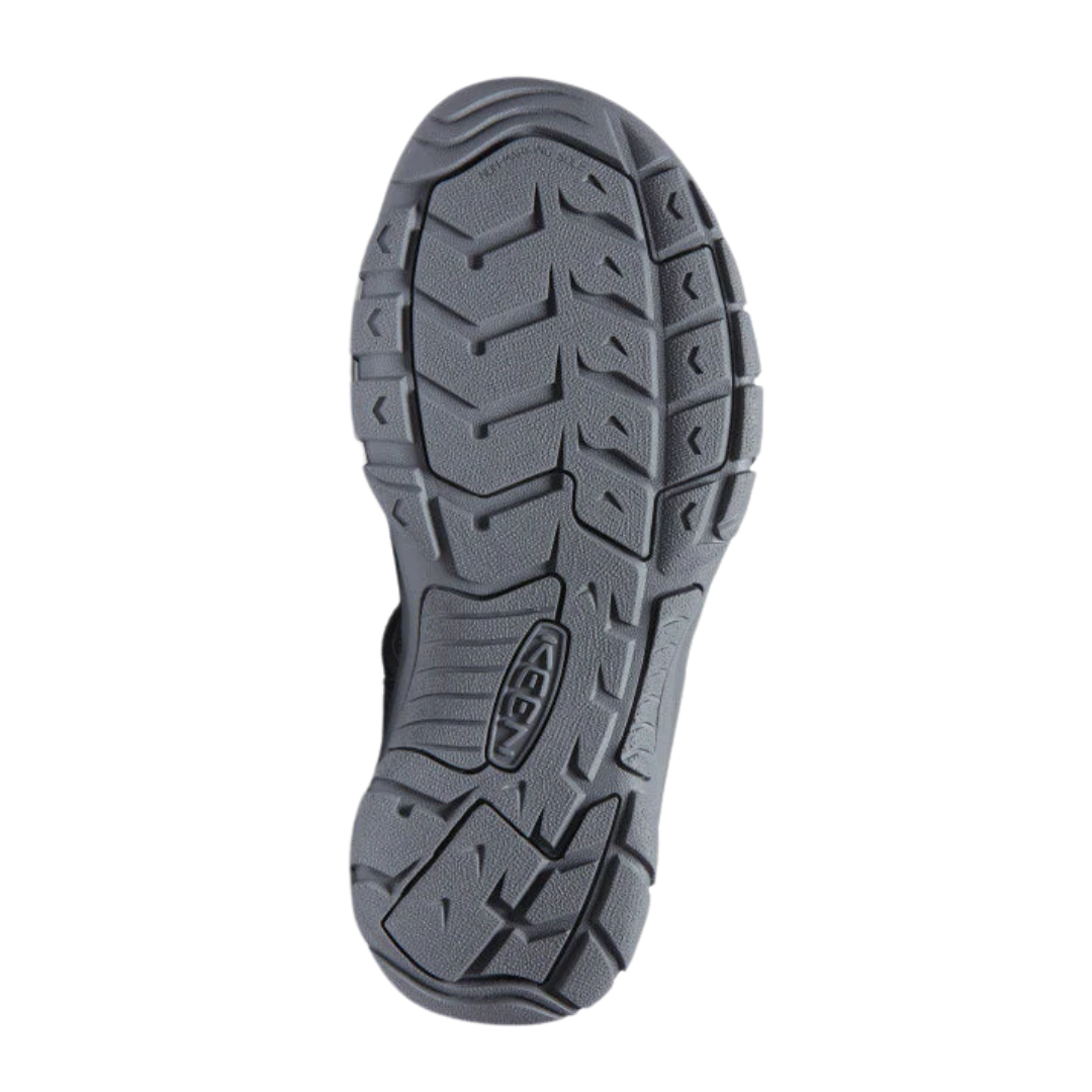 Bottom view of the Men’s Keen Newport H2 in Monochrome/Steel, showcasing the non-marking rubber outsole with razor siping for superior wet and dry traction.