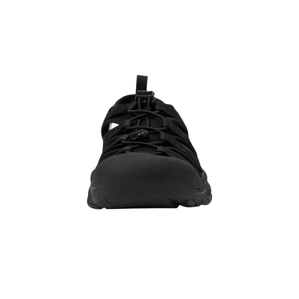 Front view of the Women’s Keen Newport H2 in Triple Black, emphasizing the reinforced toe bumper, open toe design, and breathable webbing upper.