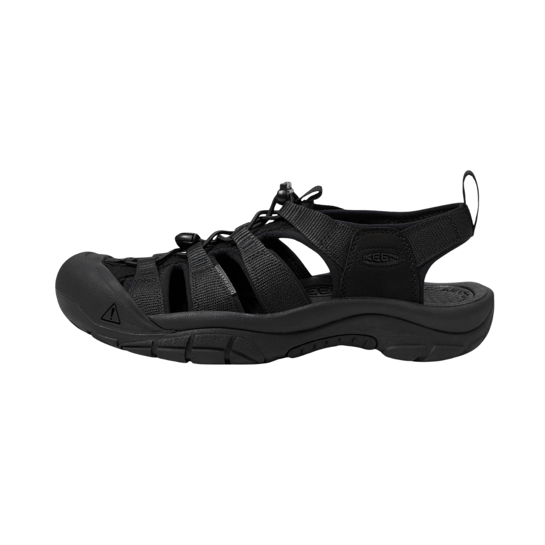 Side view of the Women’s Keen Newport H2 in Triple Black, highlighting the secure-fit lace-capture system, washable polyester webbing upper, and signature Keen toe protection.