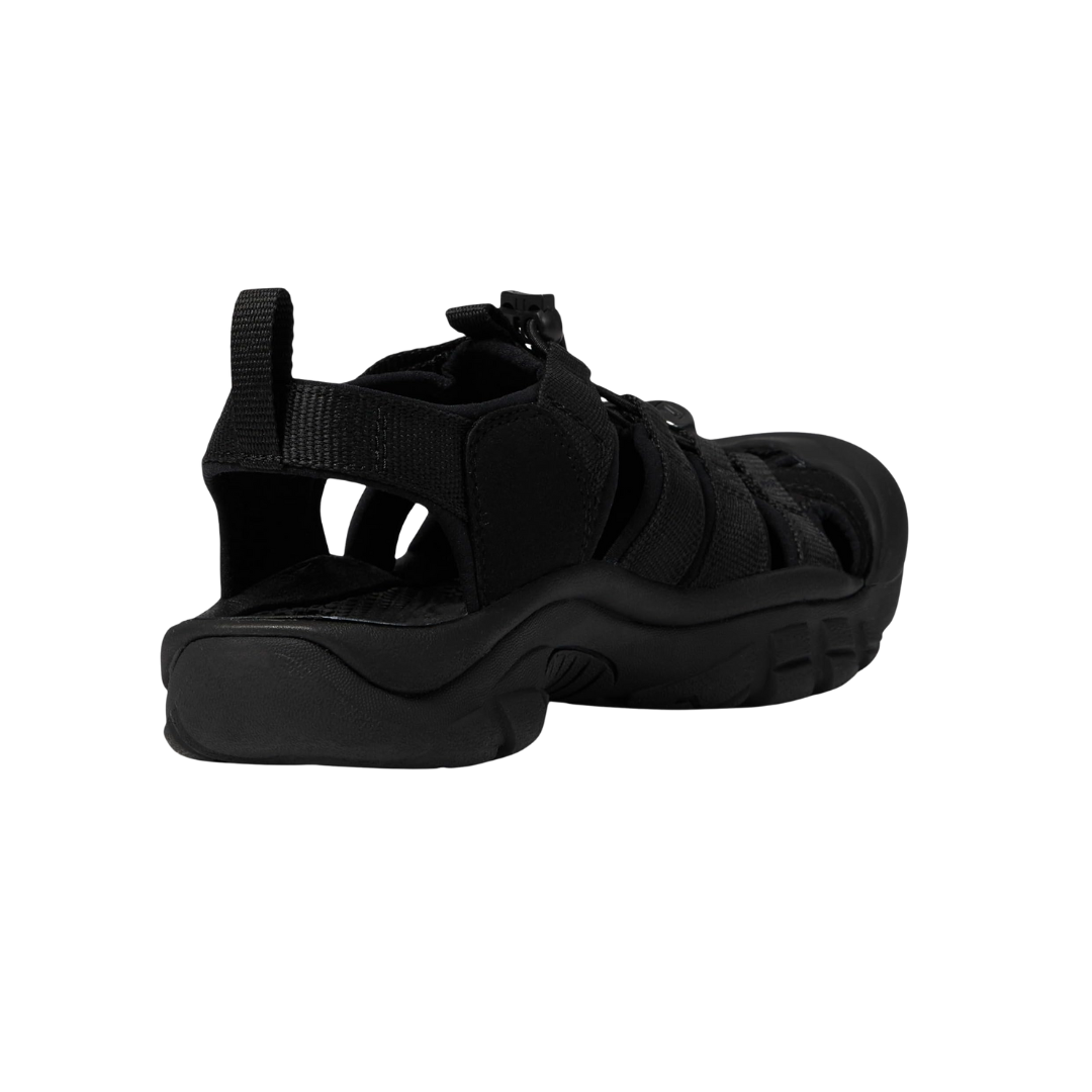 Heel view of the Women’s Keen Newport H2 in Triple Black, showing the cushioned EVA midsole, sturdy heel structure, and non-marking rubber outsole.