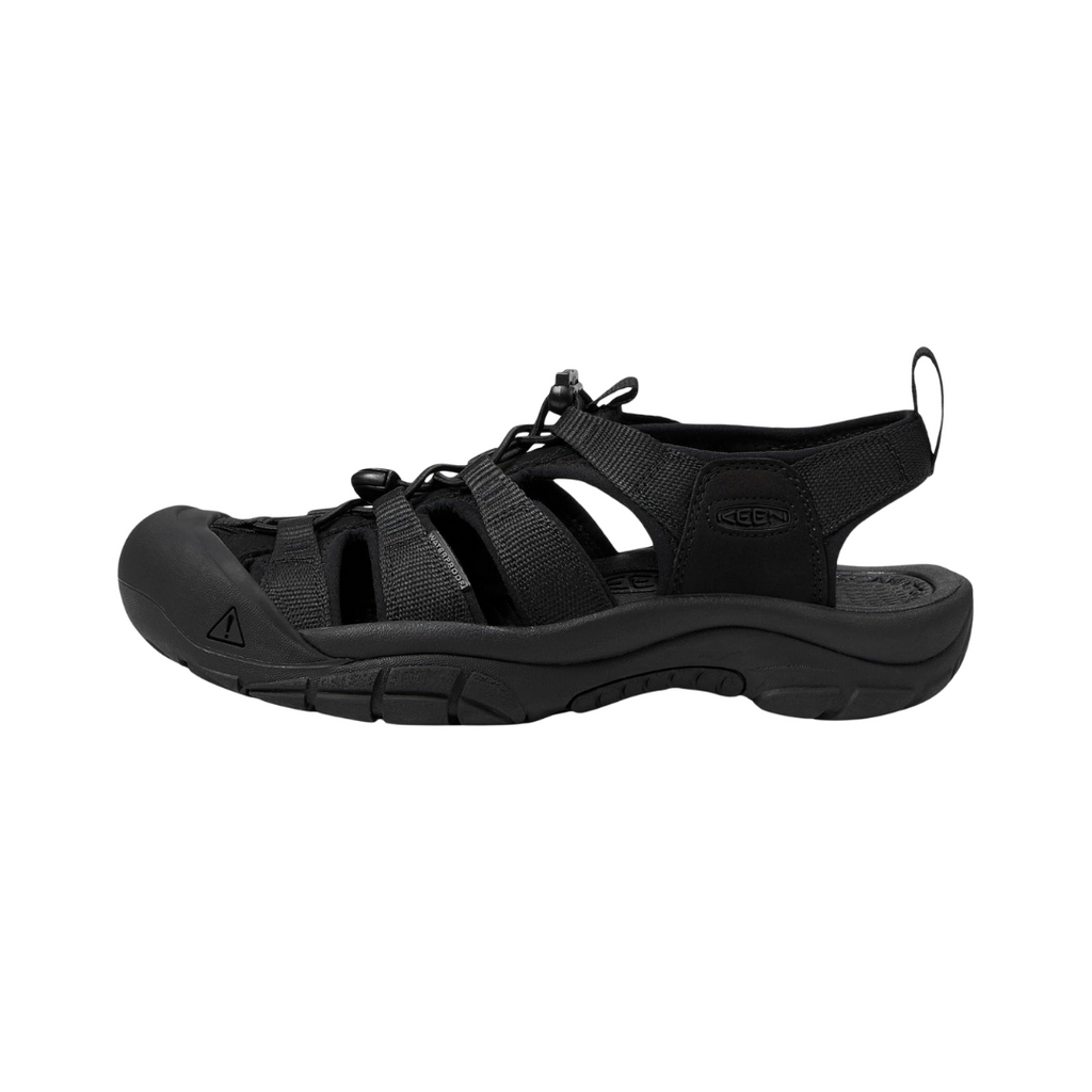 Side view of the Men’s Keen Newport H2 in Triple Black, highlighting the secure-fit lace-capture system, washable polyester webbing upper, and signature Keen toe protection.