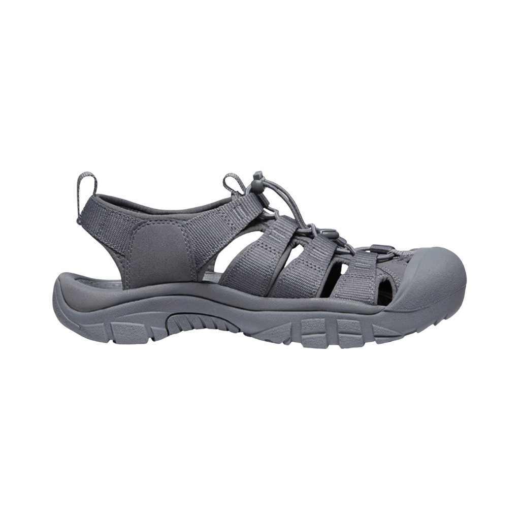 KEEN Men's Newport H2 Sandal in Monochrome/Steel featuring a washable polyester webbing upper, adjustable lace-capture system, cushioned EVA footbed, protective rubber toe cap, and non-marking rubber outsole for outdoor adventures and water activities.