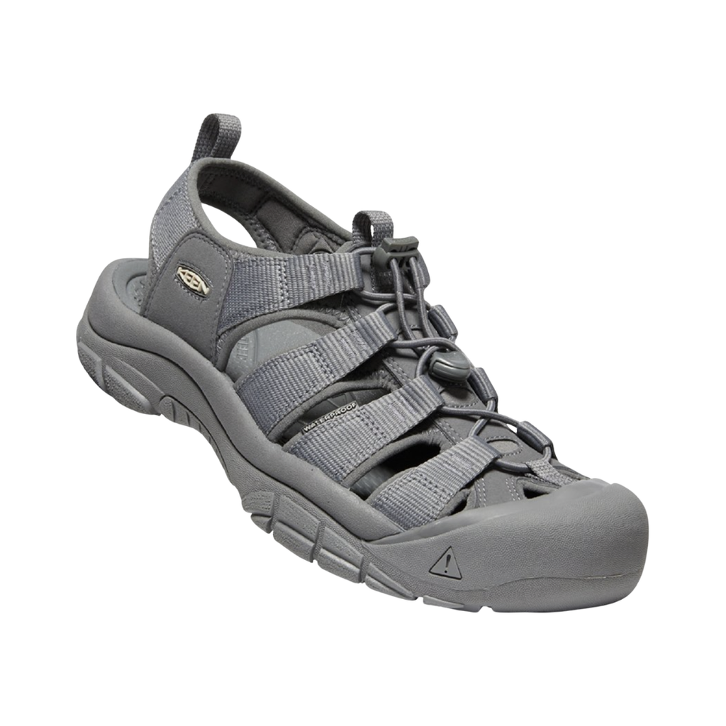 KEEN Men's Newport H2 Sandal in Monochrome/Steel featuring a washable polyester webbing upper, adjustable lace-capture system, cushioned EVA footbed, protective rubber toe cap, and non-marking rubber outsole for outdoor adventures and water activities.