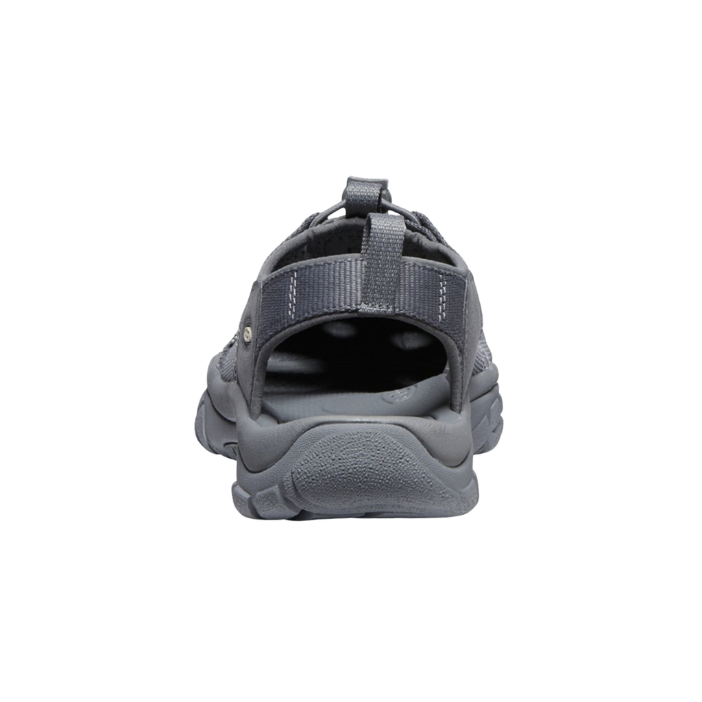 Rear view of the KEEN Men's Newport H2 Sandal in Monochrome/Steel highlighting the adjustable heel strap, webbing construction, secure fit system, and durable rubber outsole designed for stability during outdoor activities.