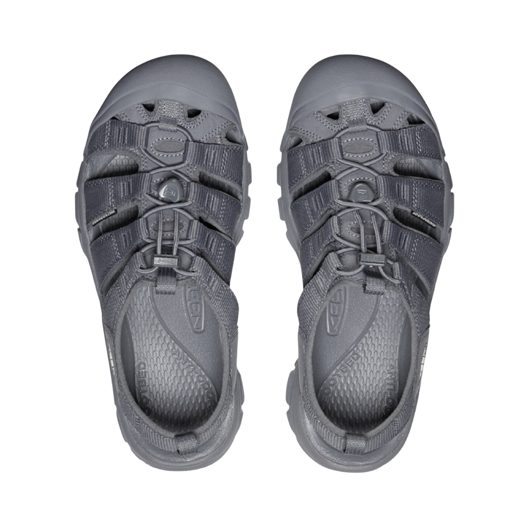Top view of the KEEN Men's Newport H2 Sandal in Monochrome/Steel displaying the washable webbing straps, lace-capture closure, open toe design, and contoured Metatomical EVA footbed designed for supportive all-day comfort.