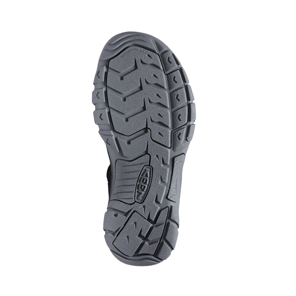 Bottom view of the KEEN Men's Newport H2 Sandal in Monochrome/Steel highlighting the non-marking rubber outsole with razor siping designed to provide dependable traction on wet and dry surfaces.