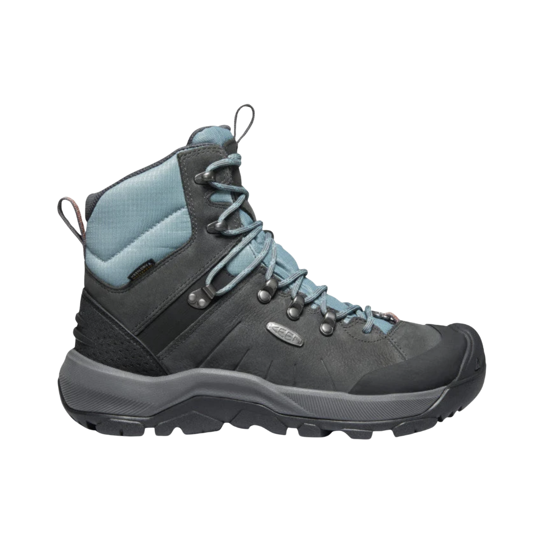 Side view of the KEEN Women's Revel IV Polar Winter Boot in Magnet/North Atlantic, featuring an insulated upper, waterproof construction, dual-density EVA midsole, and rugged rubber outsole.