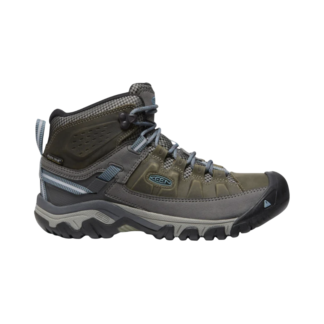 Side view of the KEEN Women's Targhee III Mid Boot in Magnet/Atlantic Blue, featuring a waterproof leather and performance mesh upper, cushioned EVA midsole, and rugged rubber outsole.