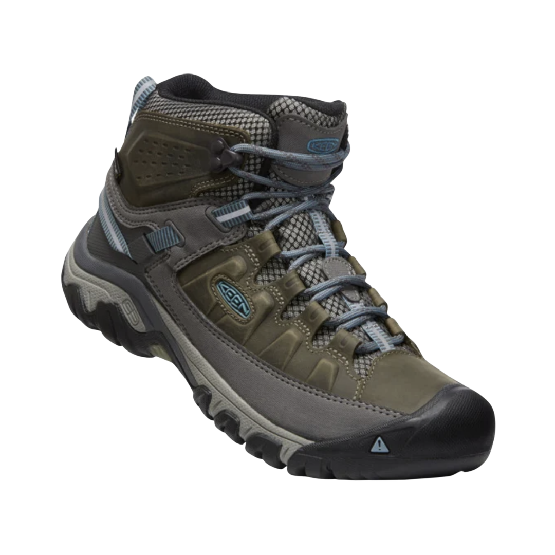 Side view of the KEEN Women's Targhee III Mid Boot in Magnet/Atlantic Blue, featuring a waterproof leather and performance mesh upper, cushioned EVA midsole, and rugged rubber outsole.