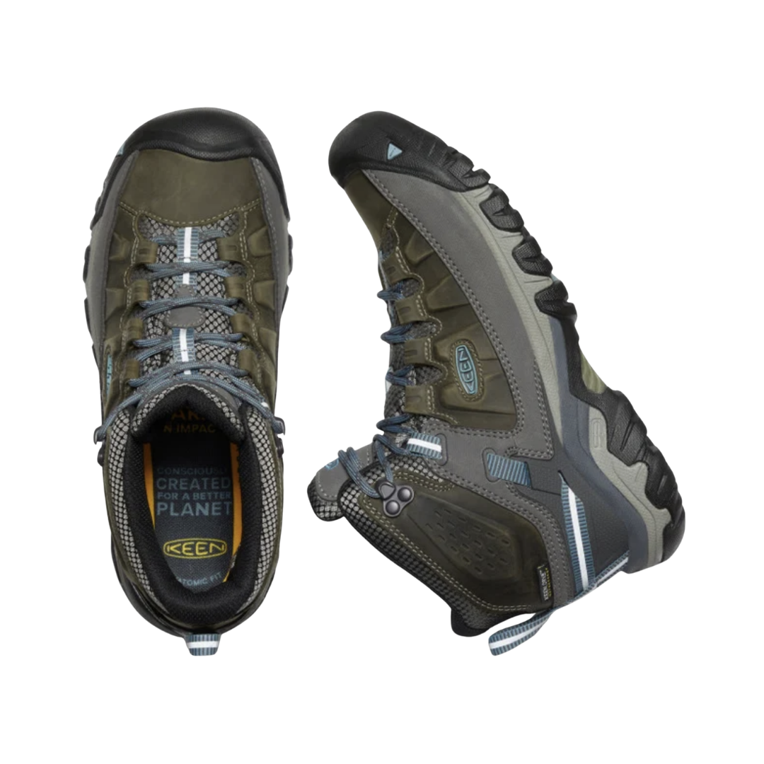 Top view of the KEEN Women's Targhee III Mid Boot in Magnet/Atlantic Blue, displaying the leather and mesh upper, lace-up system, padded collar, and roomy opening for a secure, comfortable fit.