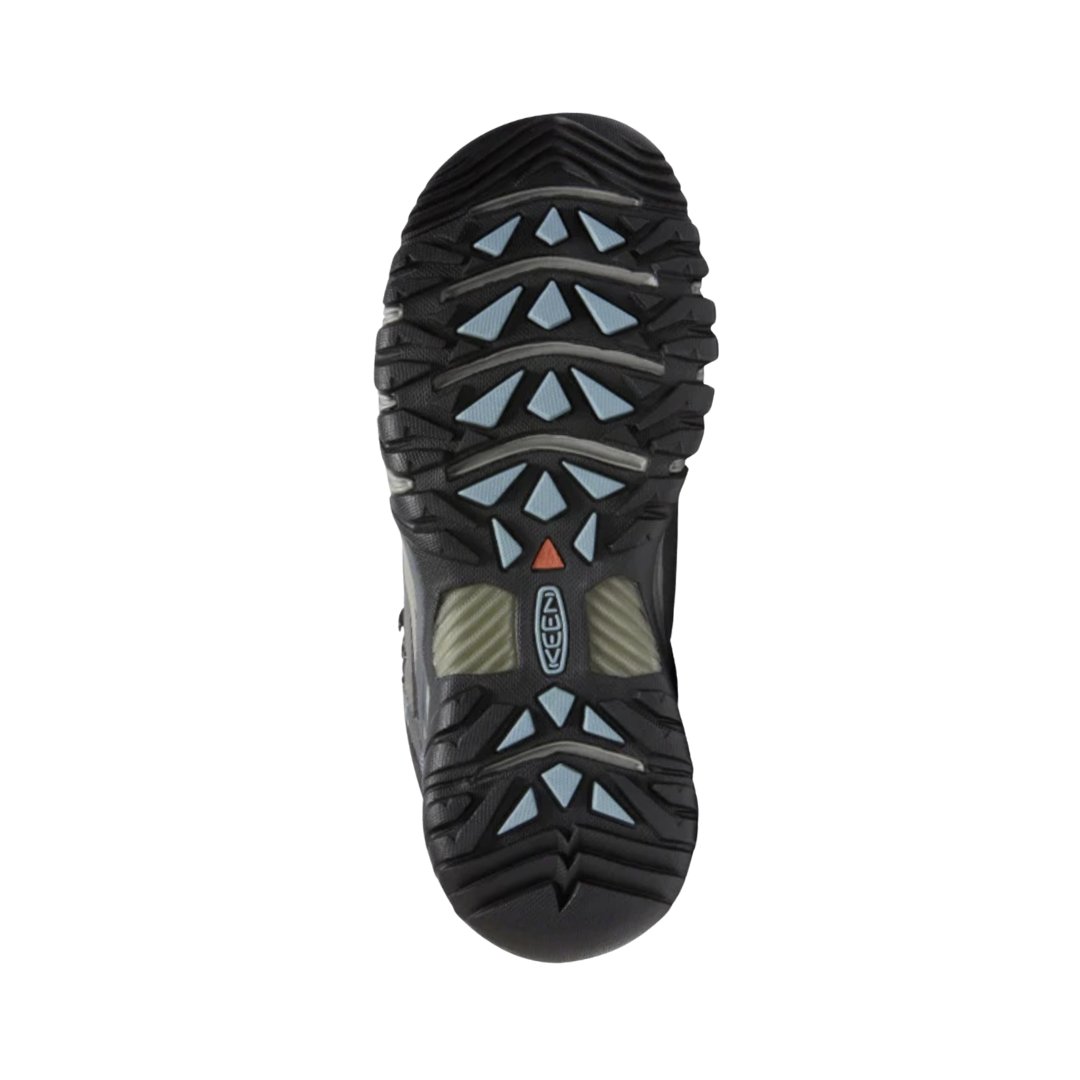 Bottom view of the KEEN Women's Targhee III Mid Boot in Magnet/Atlantic Blue, featuring an all-terrain rubber outsole with multi-directional lugs for dependable traction on uneven trails.