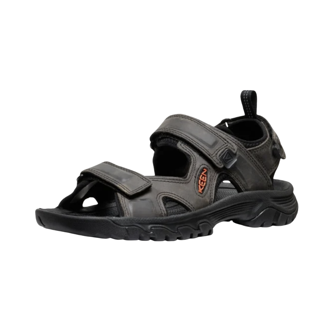 KEEN Men's Targhee III Open Toe Sandal in Grey/Black featuring a durable leather and quick-dry webbing upper, adjustable hook-and-loop straps, contoured Metatomical EVA footbed, protective toe bumper, and rugged non-marking rubber outsole for outdoor adventures.