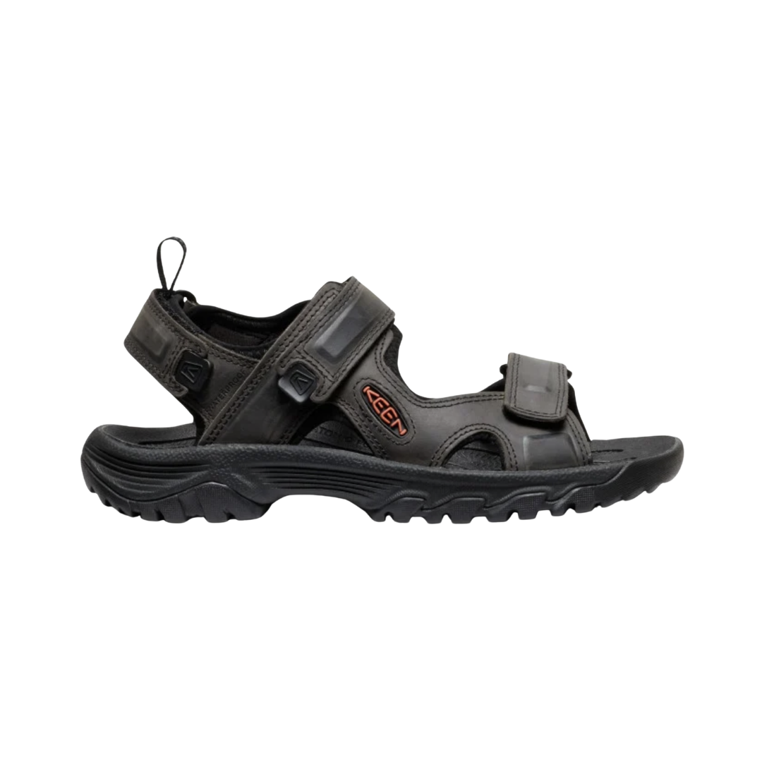 KEEN Men's Targhee III Open Toe Sandal in Grey/Black featuring a durable leather and quick-dry webbing upper, adjustable hook-and-loop straps, contoured Metatomical EVA footbed, protective toe bumper, and rugged non-marking rubber outsole for outdoor adventures.