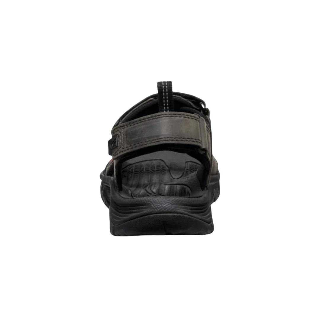Rear view of the KEEN Men's Targhee III Open Toe Sandal in Grey/Black highlighting the supportive heel strap, adjustable hook-and-loop closure, durable upper construction, and rugged outsole designed for stability on varied terrain.