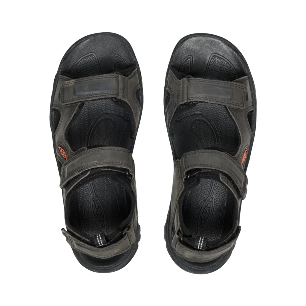 Top view of the KEEN Men's Targhee III Open Toe Sandal in Grey/Black displaying the open toe design, adjustable straps, quick-dry webbing, and contoured Metatomical EVA footbed designed for supportive all-day comfort.