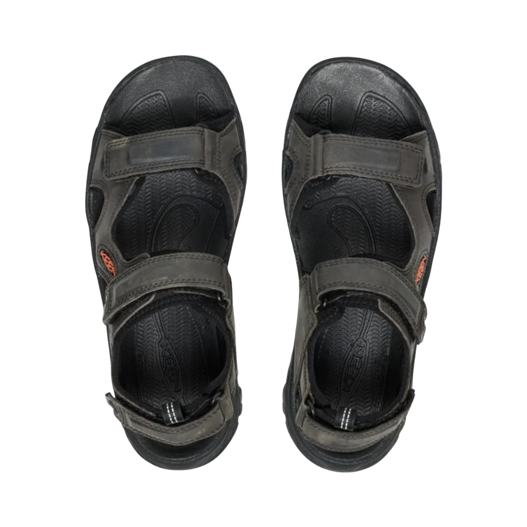 Top view of the KEEN Men's Targhee III Open Toe Sandal in Grey/Black displaying the open toe design, adjustable straps, quick-dry webbing, and contoured Metatomical EVA footbed designed for supportive all-day comfort.