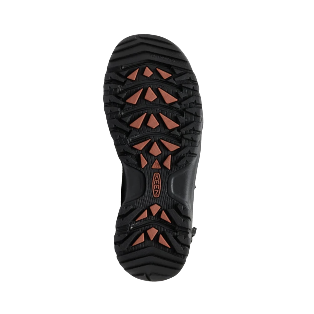 Bottom view of the KEEN Men's Targhee III Open Toe Sandal in Grey/Black highlighting the non-marking rubber outsole and multidirectional lug pattern designed to provide reliable traction on trails, rocks, and uneven surfaces.