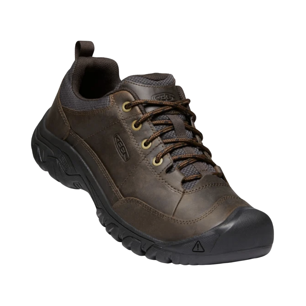 KEEN Men's Targhee III Oxford in Earth/Mulch featuring a premium nubuck leather upper, dual-density EVA midsole, ESS stability shank, removable Metatomical footbed, and rugged all-terrain rubber outsole for everyday comfort and outdoor versatility.