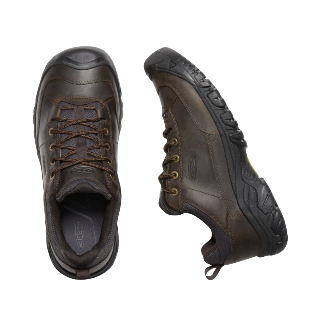 Top view of the KEEN Men's Targhee III Oxford in Earth/Mulch displaying the nubuck leather upper, lace-up closure, moisture-wicking lining, and removable Metatomical footbed designed to accommodate custom or over-the-counter orthotics.