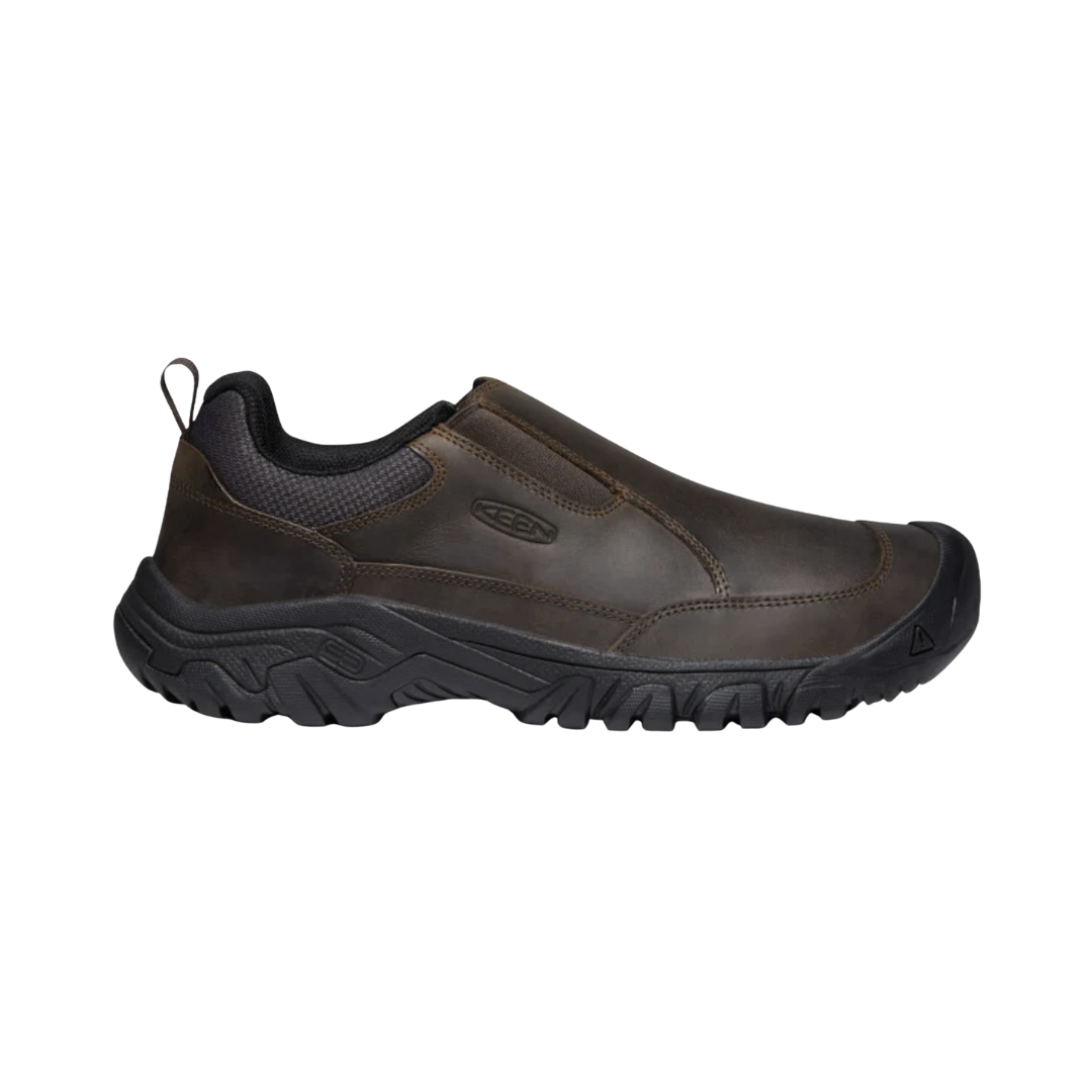 KEEN Men's Targhee III Slip-On in Dark Earth featuring a premium waterproof leather upper, elastic gore panels, and a rugged rubber outsole with multi-directional lugs.