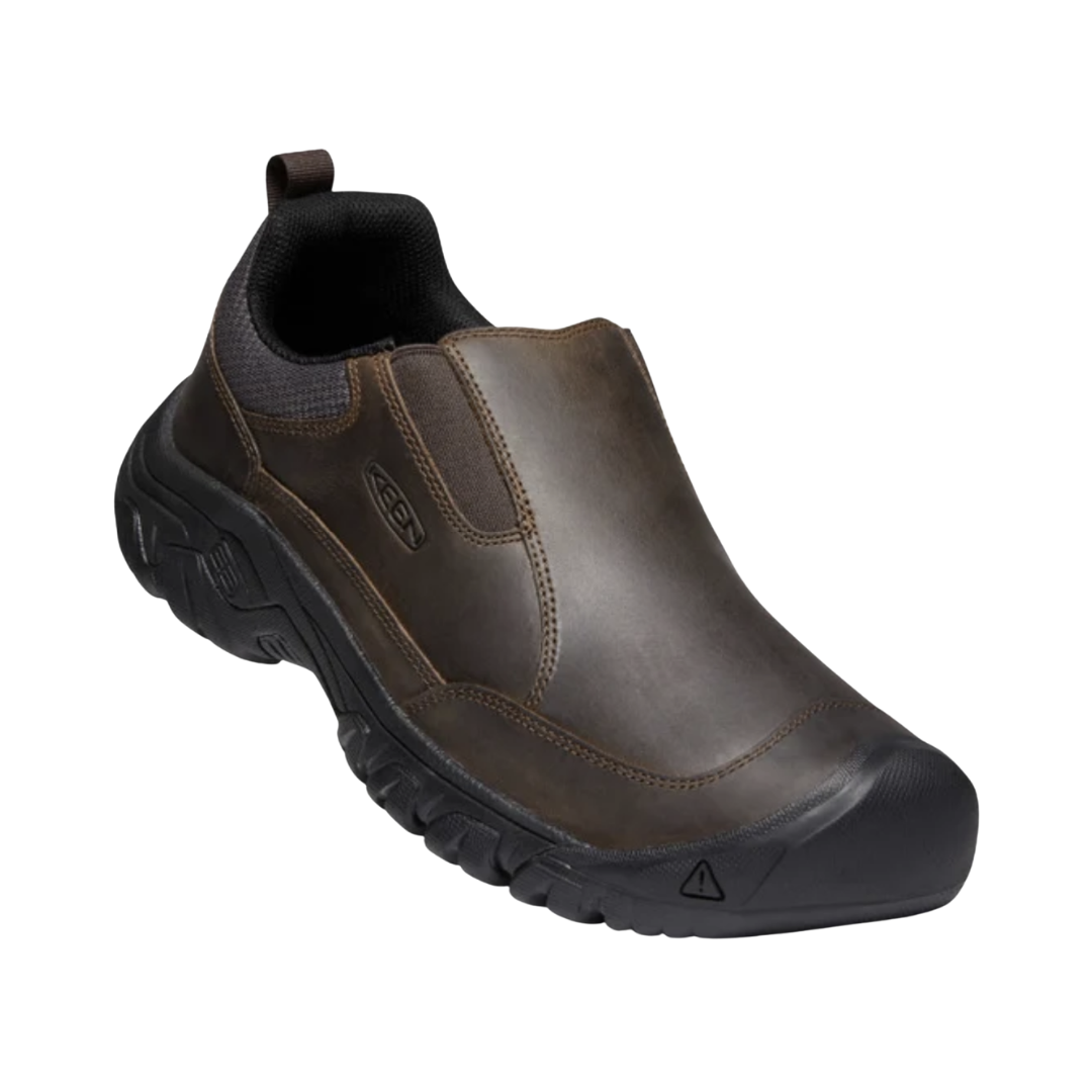 KEEN Men's Targhee III Slip-On in Dark Earth featuring a premium waterproof leather upper, elastic gore panels, and a rugged rubber outsole with multi-directional lugs.