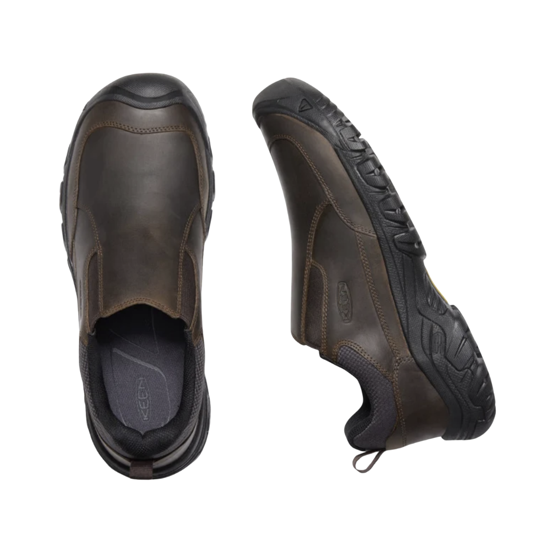 KEEN Men's Targhee III Slip-On in Dark Earth displaying the upper design, elastic gore panels for easy on and off, and a secure fit.