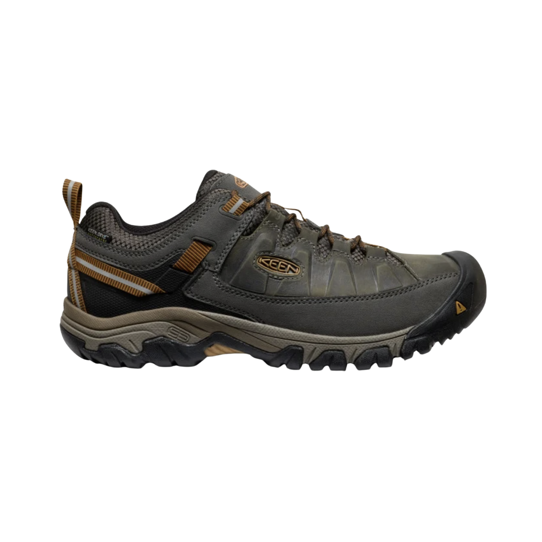 KEEN Men's Targhee III Waterproof Hiking Shoe in Black Olive/Golden Brown featuring a premium nubuck leather upper, KEEN.Dry waterproof protection, and a rugged all-terrain rubber outsole.