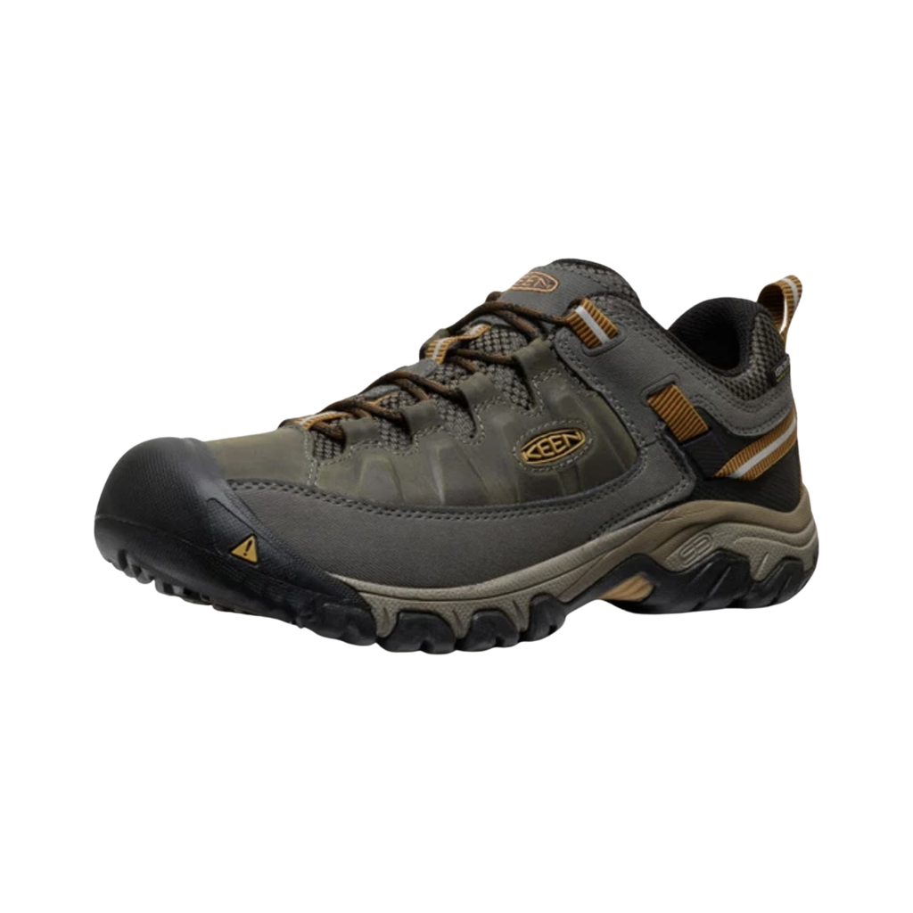 KEEN Men's Targhee III Waterproof Hiking Shoe in Black Olive/Golden Brown featuring a premium nubuck leather upper, KEEN.Dry waterproof protection, and a rugged all-terrain rubber outsole.