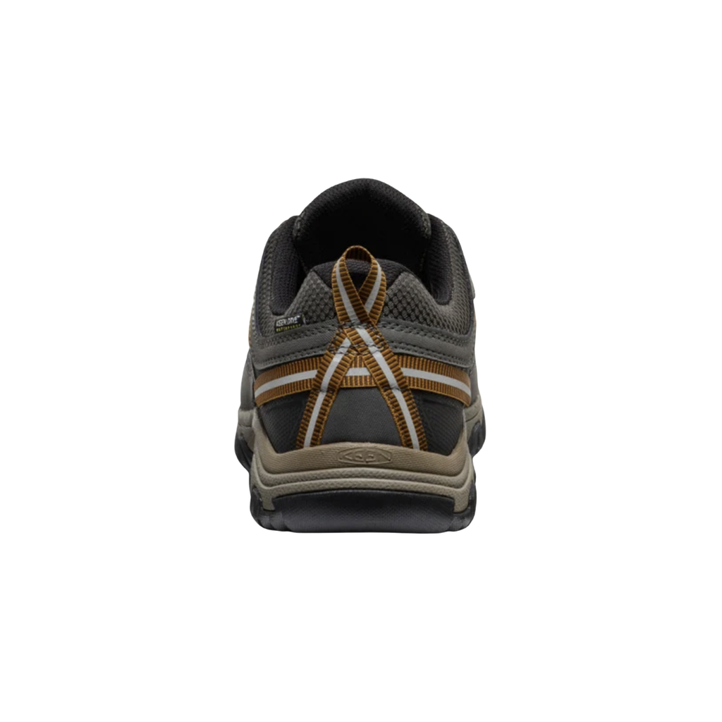 KEEN Men's Targhee III Waterproof Hiking Shoe in Black Olive/Golden Brown highlighting the external heel support and structured heel design for added stability.