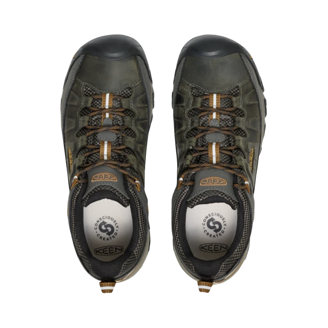 KEEN Men's Targhee III Waterproof Hiking Shoe in Black Olive/Golden Brown displaying the lace-up design, nubuck leather upper, and protective construction for trail use.