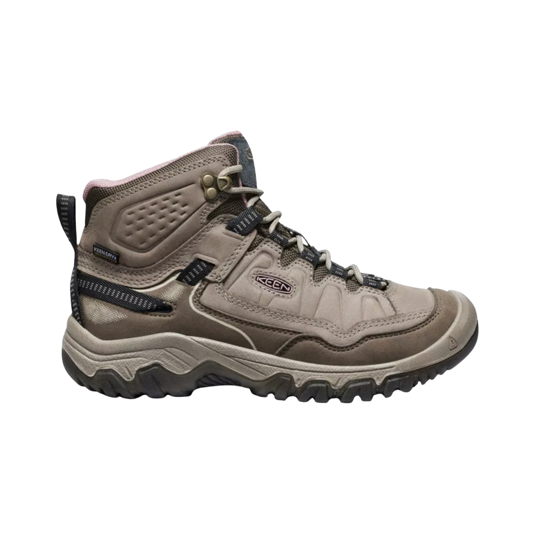 Side view of the KEEN Women's Targhee IV Mid Waterproof Boot in Brindle/Nostalgia Rose, featuring a durable environmentally preferred leather upper, cushioned dual-density midsole, and rugged all-terrain rubber outsole.