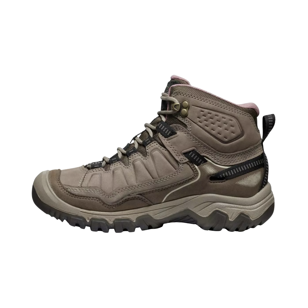 Side view of the KEEN Women's Targhee IV Mid Waterproof Boot in Brindle/Nostalgia Rose, featuring a durable environmentally preferred leather upper, cushioned dual-density midsole, and rugged all-terrain rubber outsole.