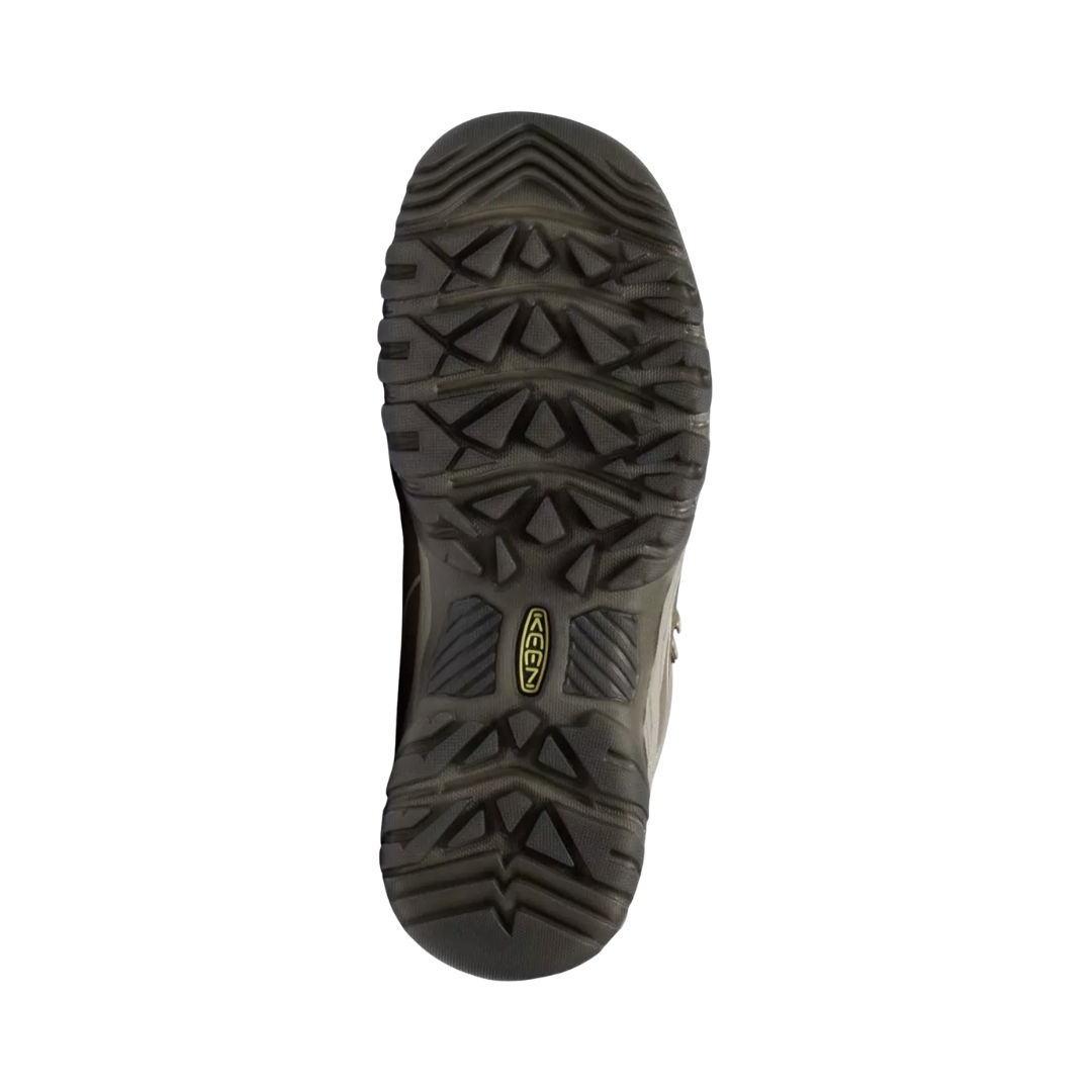 Bottom view of the KEEN Women's Targhee IV Mid Waterproof Boot in Brindle/Nostalgia Rose, featuring an all-terrain rubber outsole with aggressive multi-directional lugs for traction and stability on rugged trails.