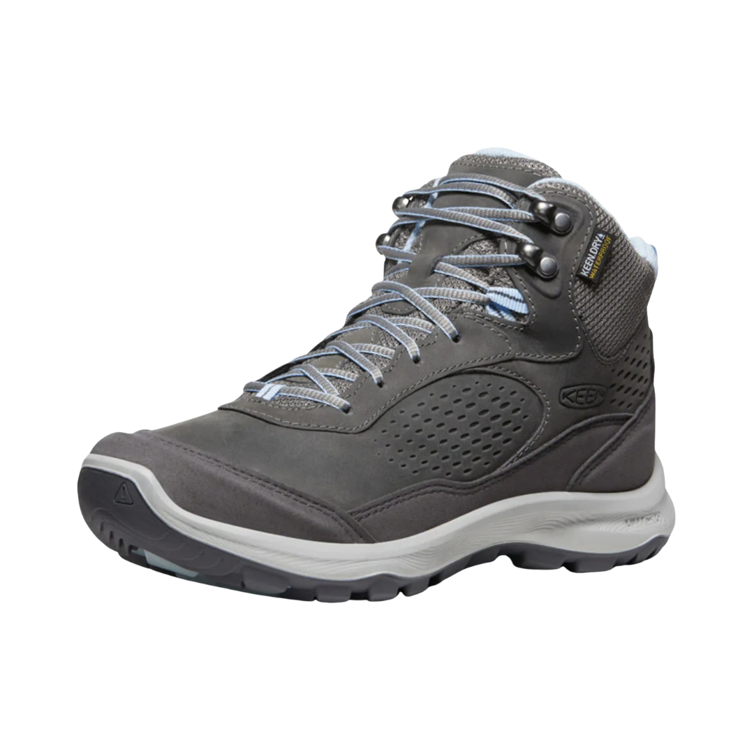 Side view of the KEEN Women's Terradora Explorer Waterproof Boot in Steel Grey/Clear Sky, featuring a breathable mesh upper with synthetic overlays, cushioned midsole, and durable rubber outsole.