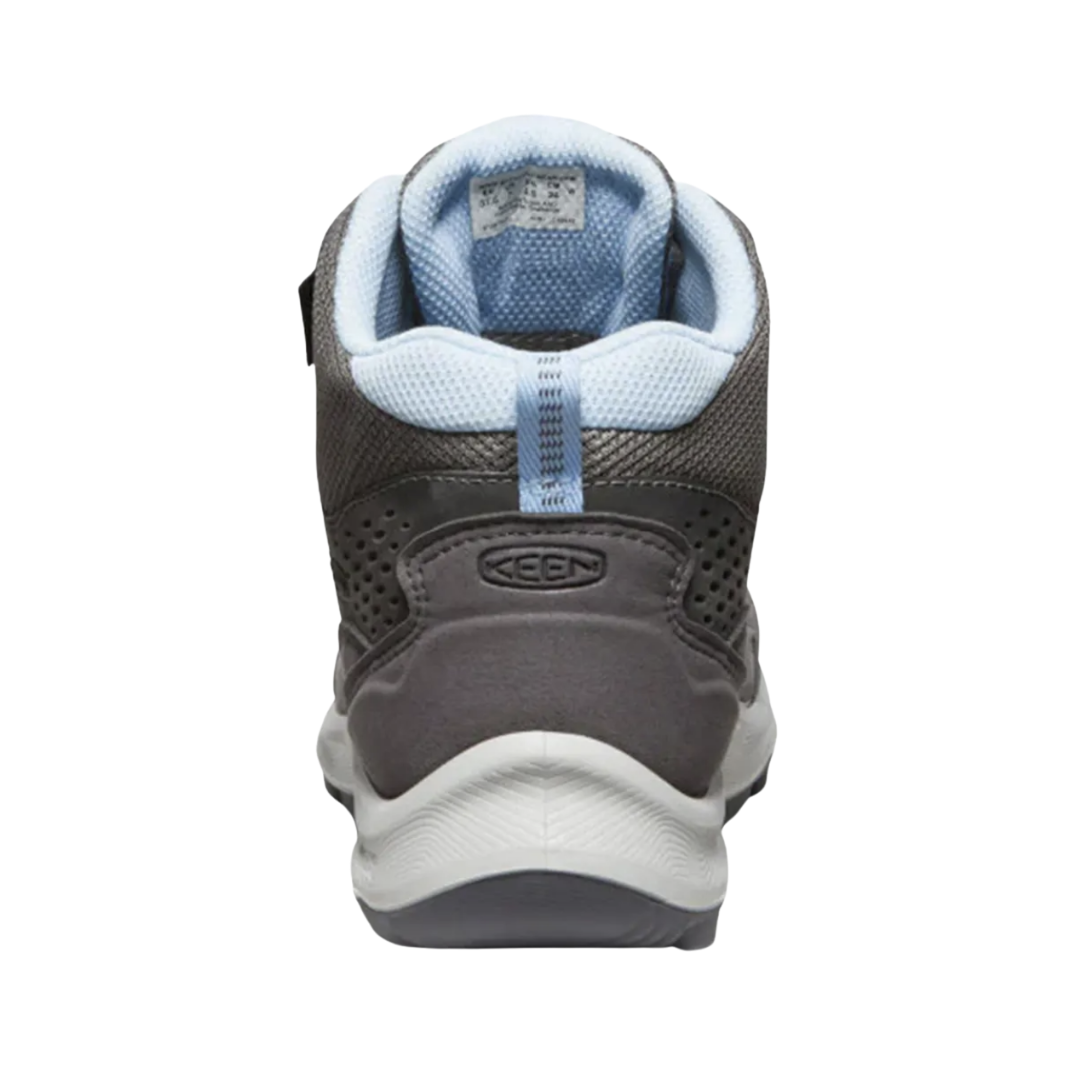 Heel view of the KEEN Women's Terradora Explorer Waterproof Boot in Steel Grey/Clear Sky, highlighting the supportive heel construction and padded collar for added comfort and ankle coverage.