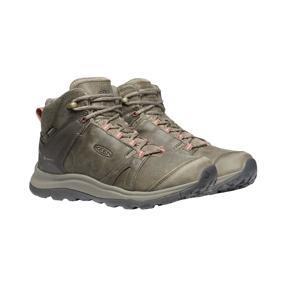 Side view of the KEEN Women's Terradora II Leather Waterproof Boot in Brindle/Redwood, featuring a durable leather upper, cushioned EVA midsole, and rugged all-terrain rubber outsole with 4mm lugs.